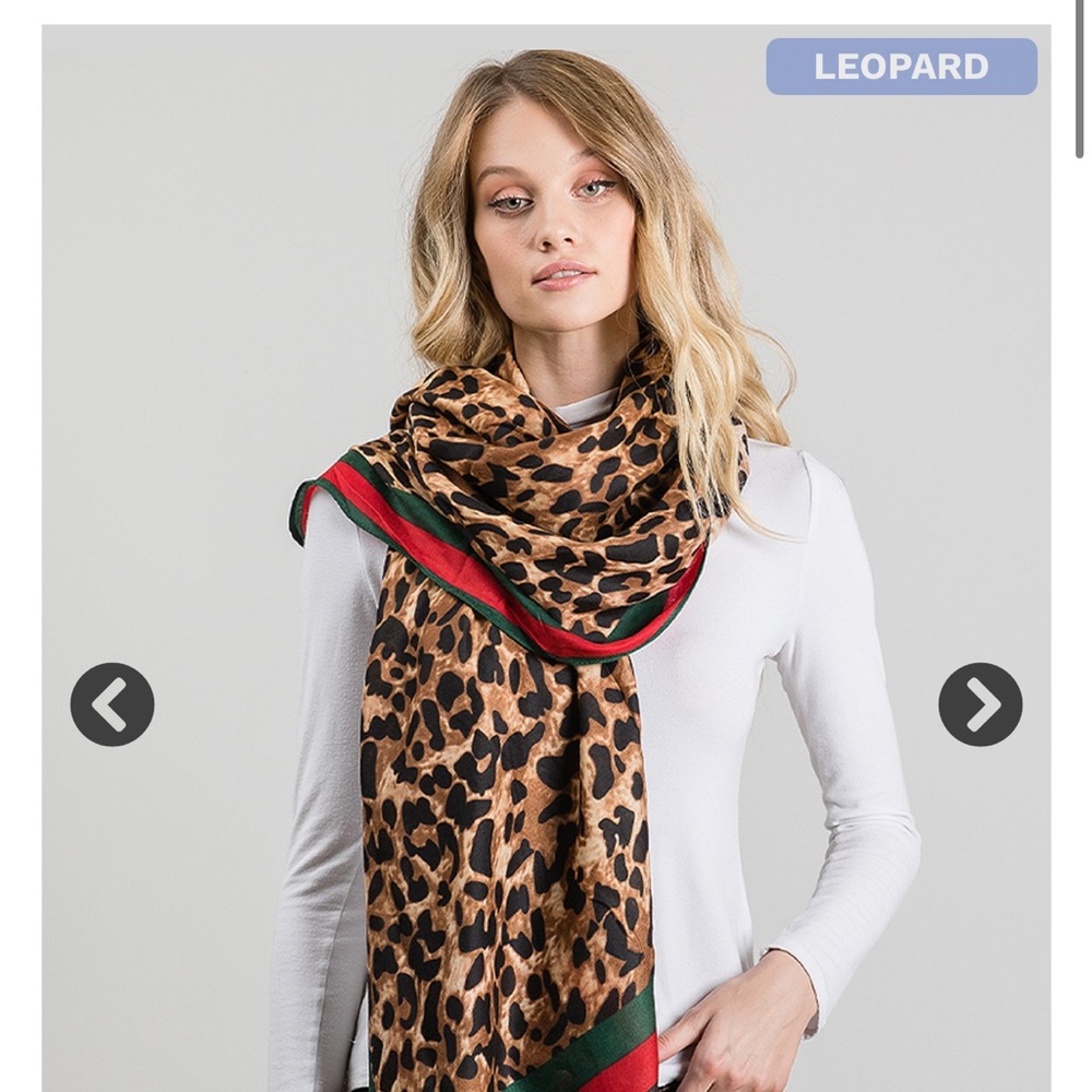 Leopard Print Scarf with Red and Green Accents